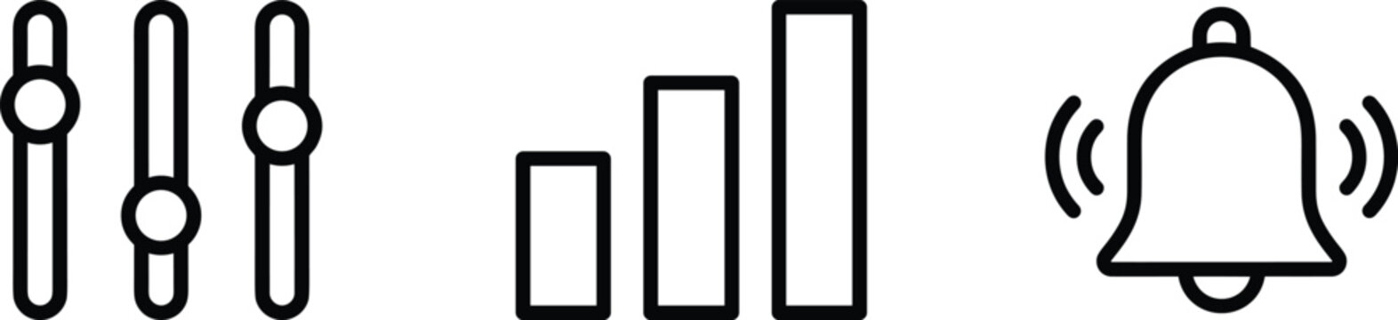 Set of black and white user interface control sliders signal bars and ringing notification bell line icons vector illustration.
