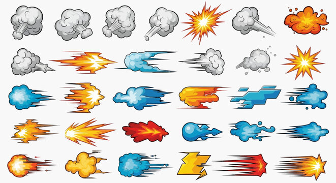 Dynamic Cartoon Effect Elements Illustrating Speed Lines, Smoke Puffs, and Powerful Explosion Impacts for Graphic Design Projects