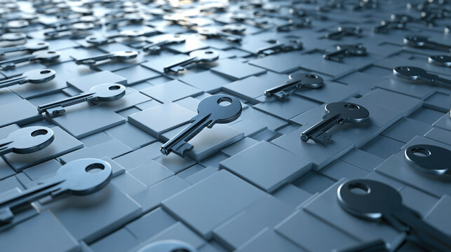 Metal key security access control permission concept lock protection blue background abstract pattern