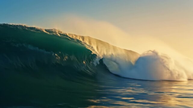 Large ocean wave breaking during sunset. Huge swell crashing in open water. Liquid dynamics and rhythmic movement of sea water. Natural power and coastal force