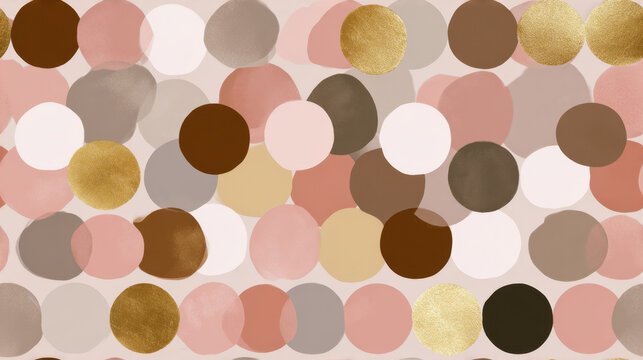 Warm neutral watercolor polka dot seamless pattern with gold foil circles