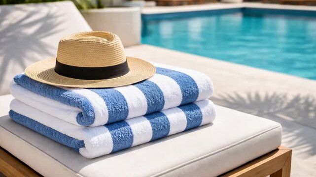 Folded pool towels with summer hat beside luxury swimming pool at tropical resort retreat scene