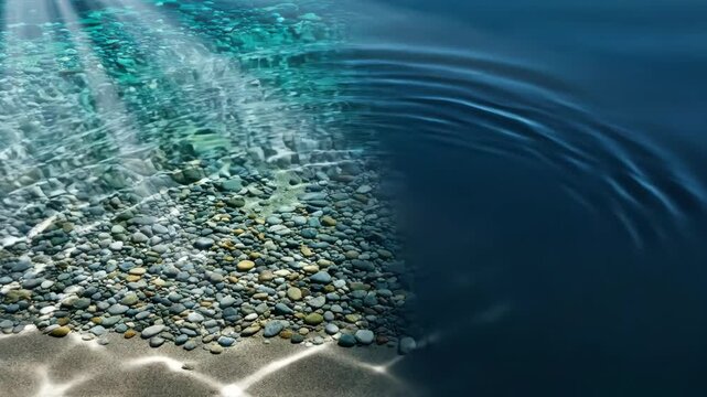 Sunlight reflecting on clear water surface over a seabed with pebbles and sand. Ripples spreading across the dark blue ocean background for natural texture