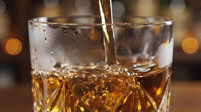 Closeup shot of amber liquid being poured into a crystal glass.