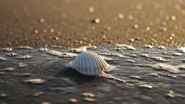 Seashell resting on wet sandy shore during sunset. Ocean tide water washing over small seashell on beach. Nature background for vacation and summer travel concept