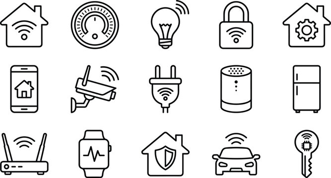 Set of black and white smart home technology internet of things iot line icons vector illustration isolated on white background.