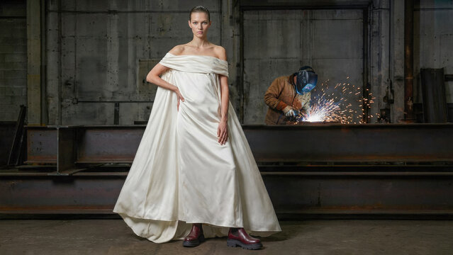A elegant model wearing a draped white gown and chunky boots poses in a gritty industrial warehouse while a welder works on steel beams behind her, sending sparks flying.