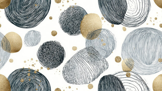 Luxury seamless abstract pebble pattern with hand-drawn engraved stones, black ink textures and gold accents