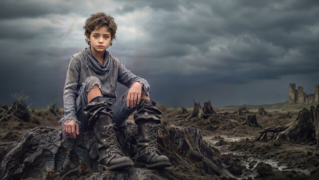 A solemn child with unkempt hair and ragged clothes sits on a blackened stump in a desolate wasteland. Heavy boots, storm clouds, and distant ruins complete this post-apocalyptic scene.