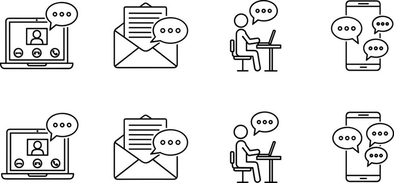 Modern communication and online learning outline icon set featuring messaging video calls email and mobile chat symbols