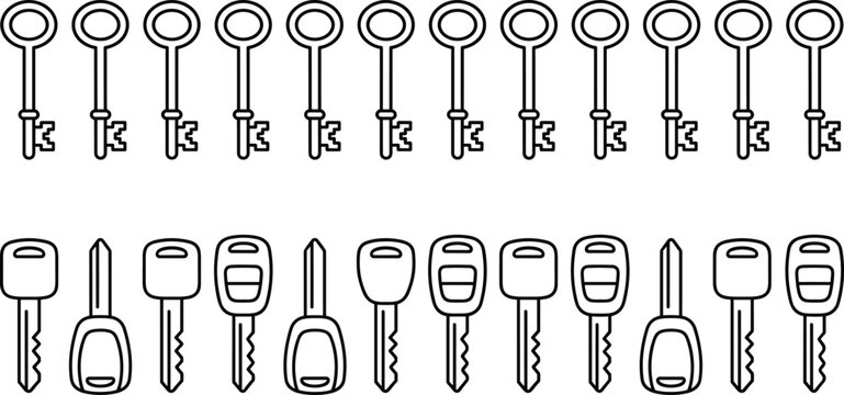 Set of black and white vintage skeleton keys and modern car key line icons vector illustration isolated on white background.