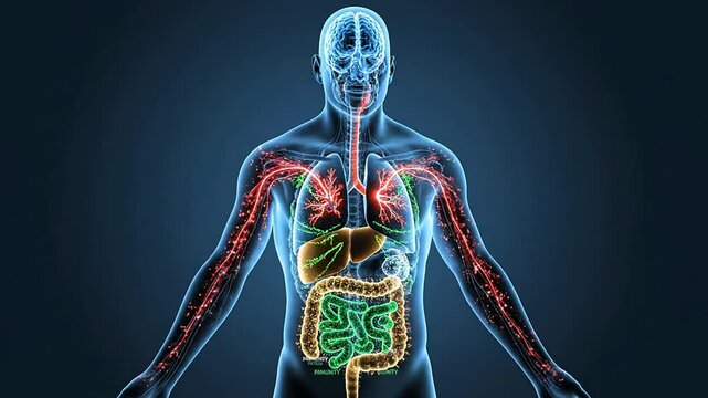 Detailed 3D Anatomical Illustration of Human Body Organ Systems and Blood Circulation Against Dark Studio Background for Medical and Health Education Use