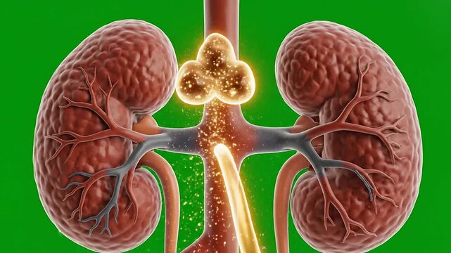 Detailed 3D Animation of Human Kidneys Emphasizing Renal Function and Circulation Isolated on Vibrant Green Background for Medical and Health Visuals
