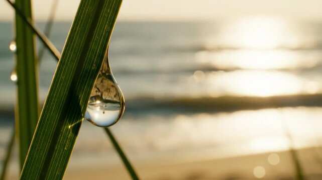 Water drop hanging from beach grass blade. Macro view of morning dew reflection on sea background. Nature ecosystem and environment concept at sunrise time area