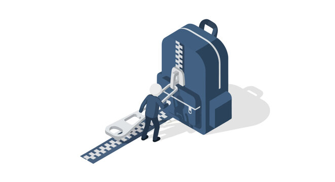 Isometric backpack with character climbing zipper illustration.