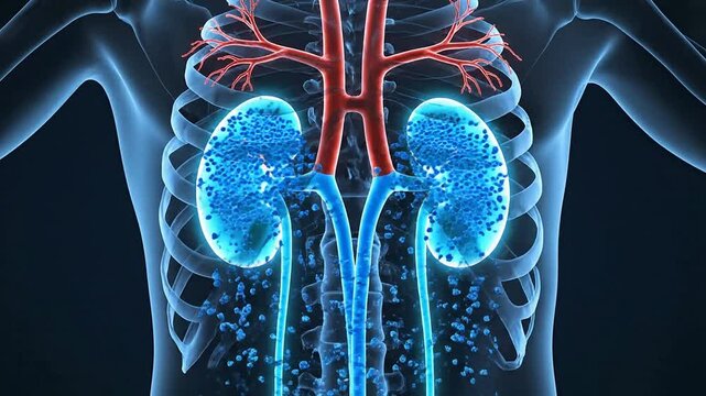 Detailed 3D Illustration of Human Kidneys and Blood Vessels Showcasing Renal Function and Fluid Dynamics in a Medical and Scientific Context
