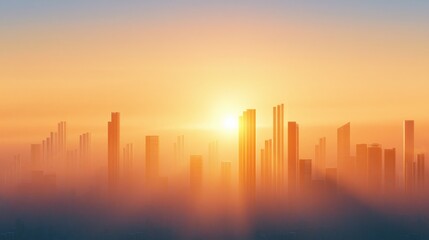 Fototapeta premium Surreal Cinematic Wide Shot of a Vibrant City Skyline Shrouded in Mist at Sunrise