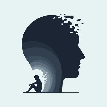 Conceptual illustration of depression and mental health featuring a shattered human mind with a lonely figure inside. Ideal for psychology articles, healthcare web design, and awareness campaigns.