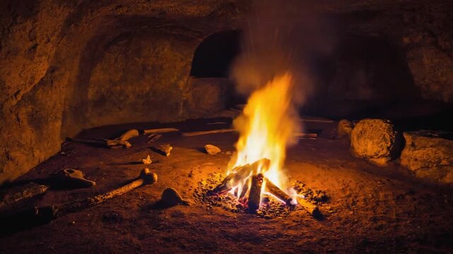 Bonfire in a cave. Prehistory.