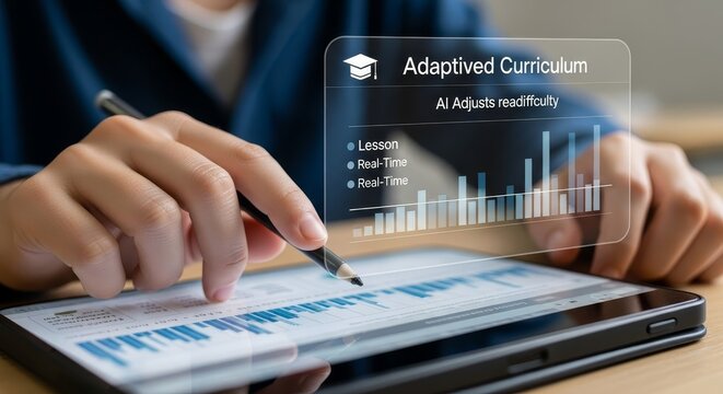 Person interacting with adaptive curriculum interface on digital tablet with AI adjusting read difficulty for enhanced learning