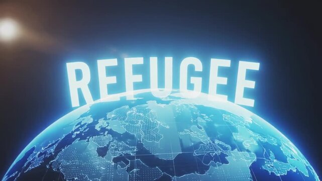 "Refugee" text on the globe. Migration crisis.