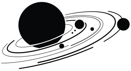 Minimalist depiction of saturn and its orbiting moons in black and white © Imdadul_Studio