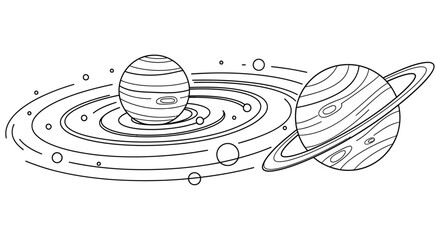 Line art illustration depicting planets rings and orbital paths in space © Imdadul_Studio