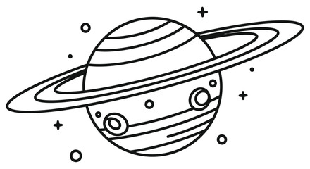 A simple black and white illustration of saturn and surrounding celestial bodies © Imdadul_Studio