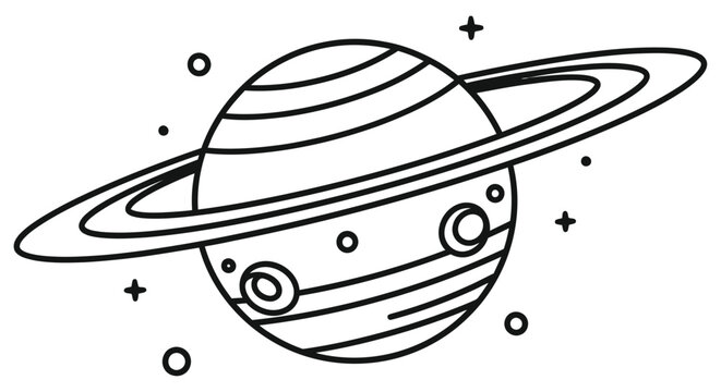 A simple black and white illustration of saturn and surrounding celestial bodies