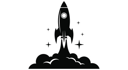 A sleek black rocket launching upwards with smoke and star accents © Imdadul_Studio