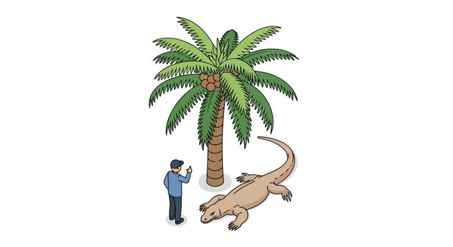 Cartoon Explorer Observing Giant Lizard Near Palm Tree.