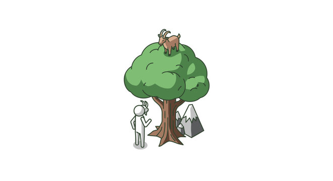 Whimsical cartoon treehouse with two characters beneath tree.