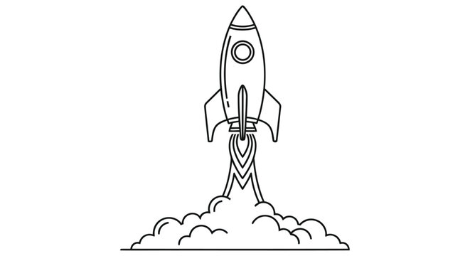 Line art illustration of a rocket launching with fiery exhaust trail