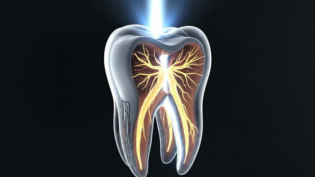 Detailed 3D Tooth Illustration Showing Internal Nerve Structure and Light Effect for Dental Health Education and Medical Content