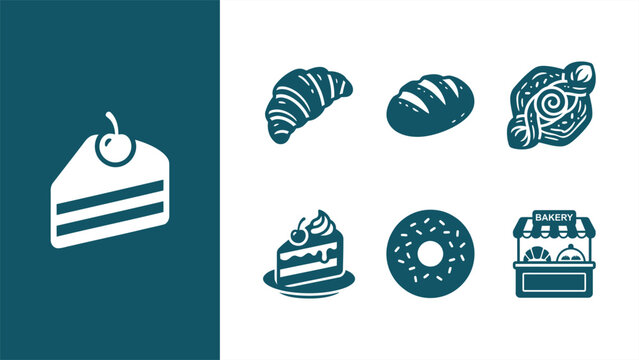 Bakery and pastry vector icon set featuring cake, croissant, donut, and bread