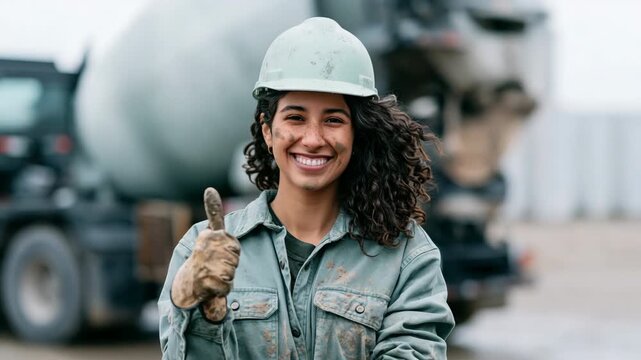 Laughing construction worker woman in hard hat and gloves with dirty workwear giving thumbs up at concrete mixer site for industrial background and banner design