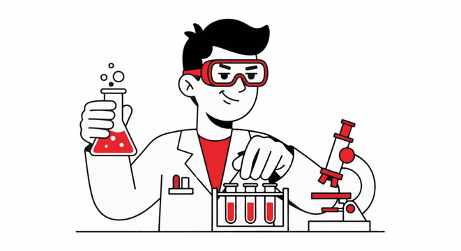 Cartoon scientist conducting colorful chemistry experiments indoors.