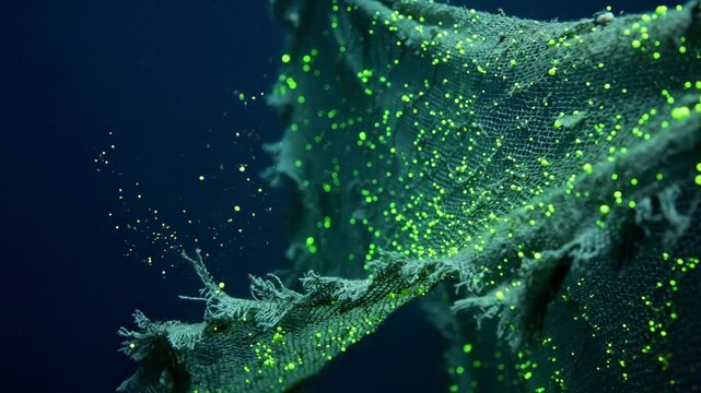 Green bioluminescent particles flowing from a frayed fabric piece. Underwater textile fiber movement with glowing debris. Science experiment liquid particle flow