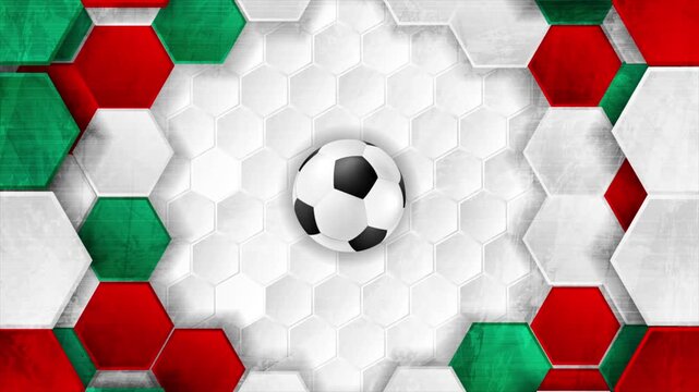 Geometric hexagonal football background with Mexican flag colors, grunge texture and soccer ball. Sport championship 2026 motion design. Seamless loop. Video animation Ultra HD 4K 3840x2160