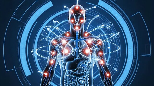 Detailed Anatomical Illustration of the Human Body Focusing on the Respiratory System Featuring Lungs and Internal Organs with High-Tech Blue Background