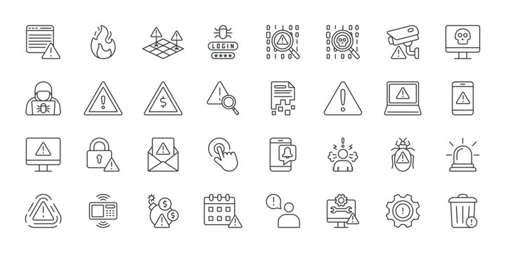System alert icons in line design. system alert, warning, notification, error, security, attention, monitoring on white background vector. System alert editable stroke icons
