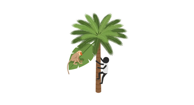 Cartoon monkey and panda climbing a palm tree together.