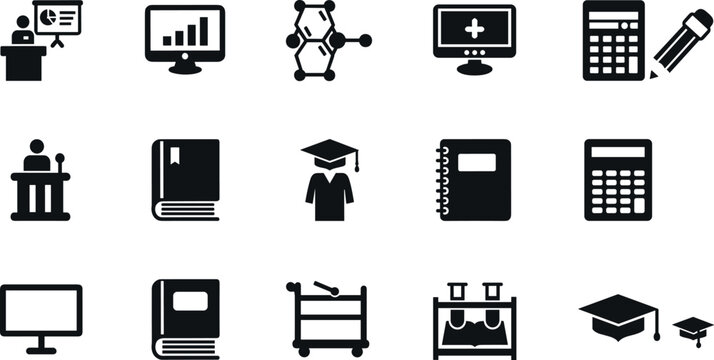 Education and academic solid icon collection with calculator books graduation science presentation and learning symbols