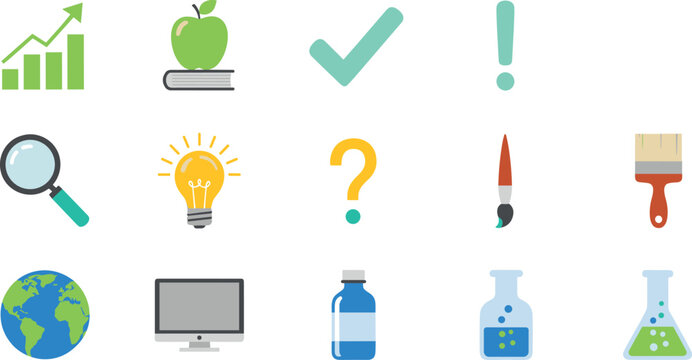 Creative education and science icon collection with laboratory tools technology symbols learning and innovation themed illustrations