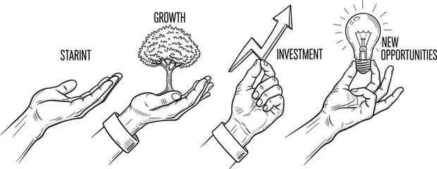Hand drawn business growth illustration set with startup investment opportunity innovation and financial success concept sketches © Danial