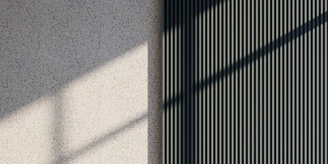 Modern minimalist interior background with terrazzo wall, black fluted wood panel, and natural window shadow © AuzaStudio