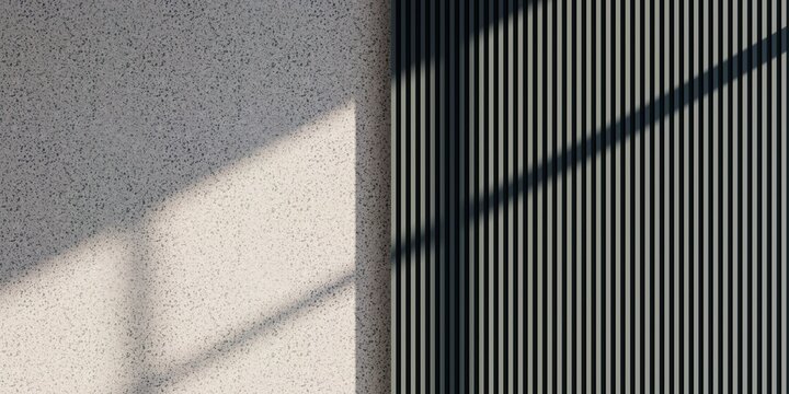 Modern minimalist interior background with terrazzo wall, black fluted wood panel, and natural window shadow