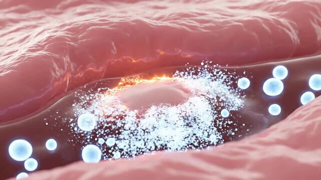 Detailed Animation Of Cellular Response During Wound Healing Process With Dynamic Particle Interaction And Realistic Textures On Solid-Color Background