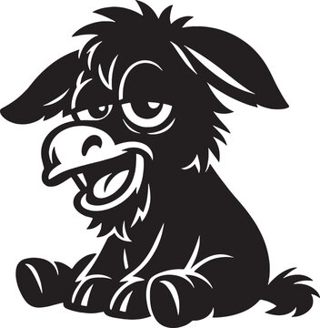 Cute cartoon baby donkey sitting vector illustration, funny black and white little burro mascot character icon