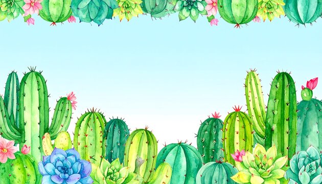 Watercolor cactus and succulent border